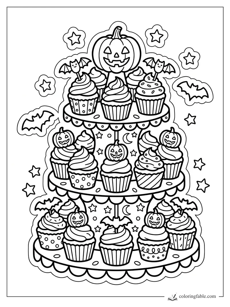 Halloween cupcake stand with jack-o-lantern toppers, bat picks, frosting swirls, stars, and crescent moons.