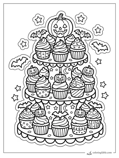 Halloween cupcake stand with jack-o-lantern toppers, bat picks, frosting swirls, stars, and crescent moons.