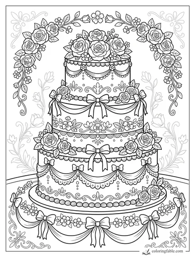 Three-tier cake coloring page with roses, bows, scalloped icing, leaves, and floral corner flourishes.