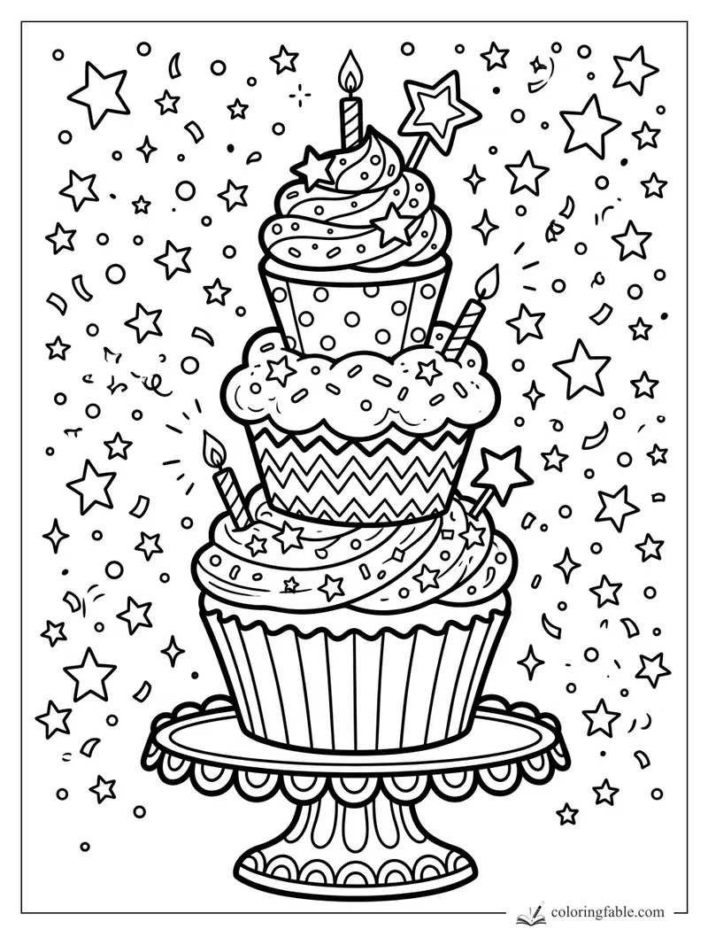 Three stacked cupcakes with candles, star toppers, sprinkles, and confetti on a cake stand.