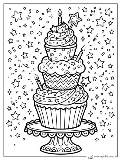 Three stacked cupcakes with candles, star toppers, sprinkles, and confetti on a cake stand.