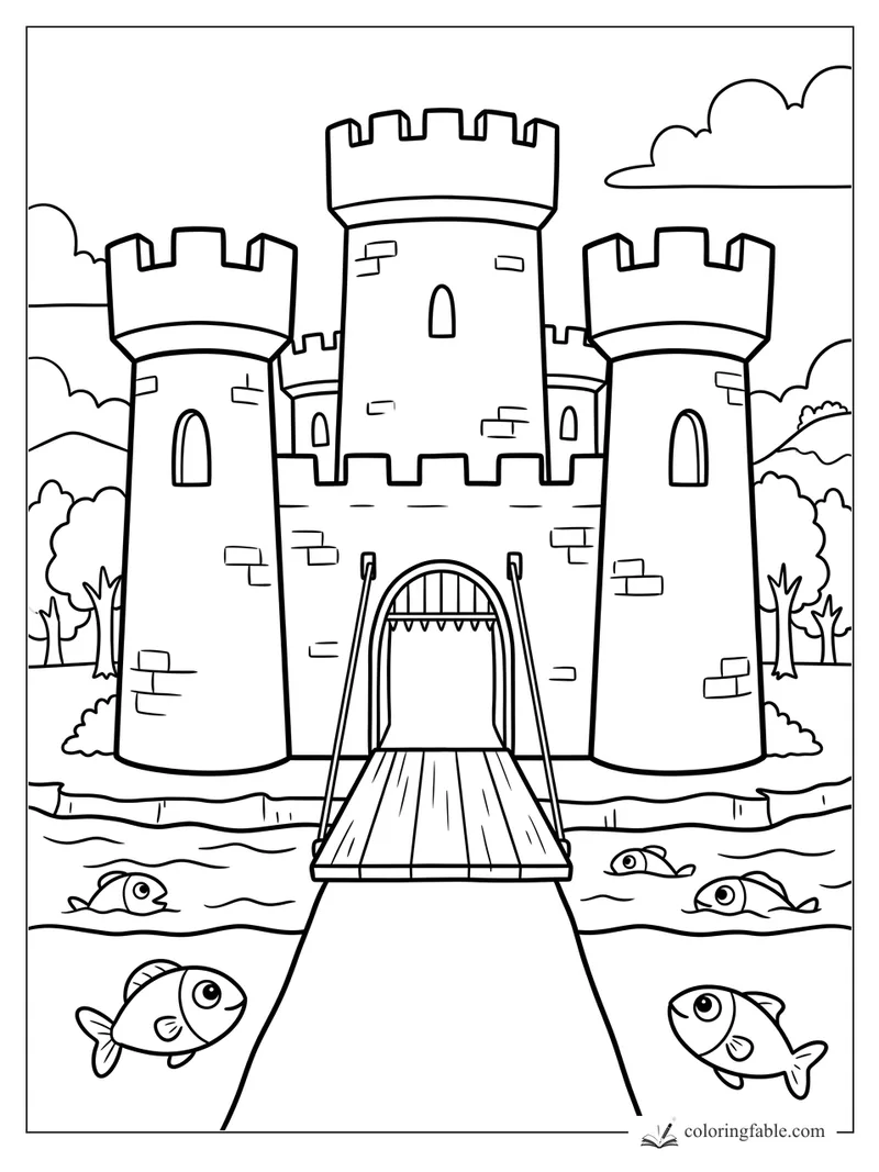 Easy castle coloring page with three towers, drawbridge, moat fish, trees, hills, and clouds.