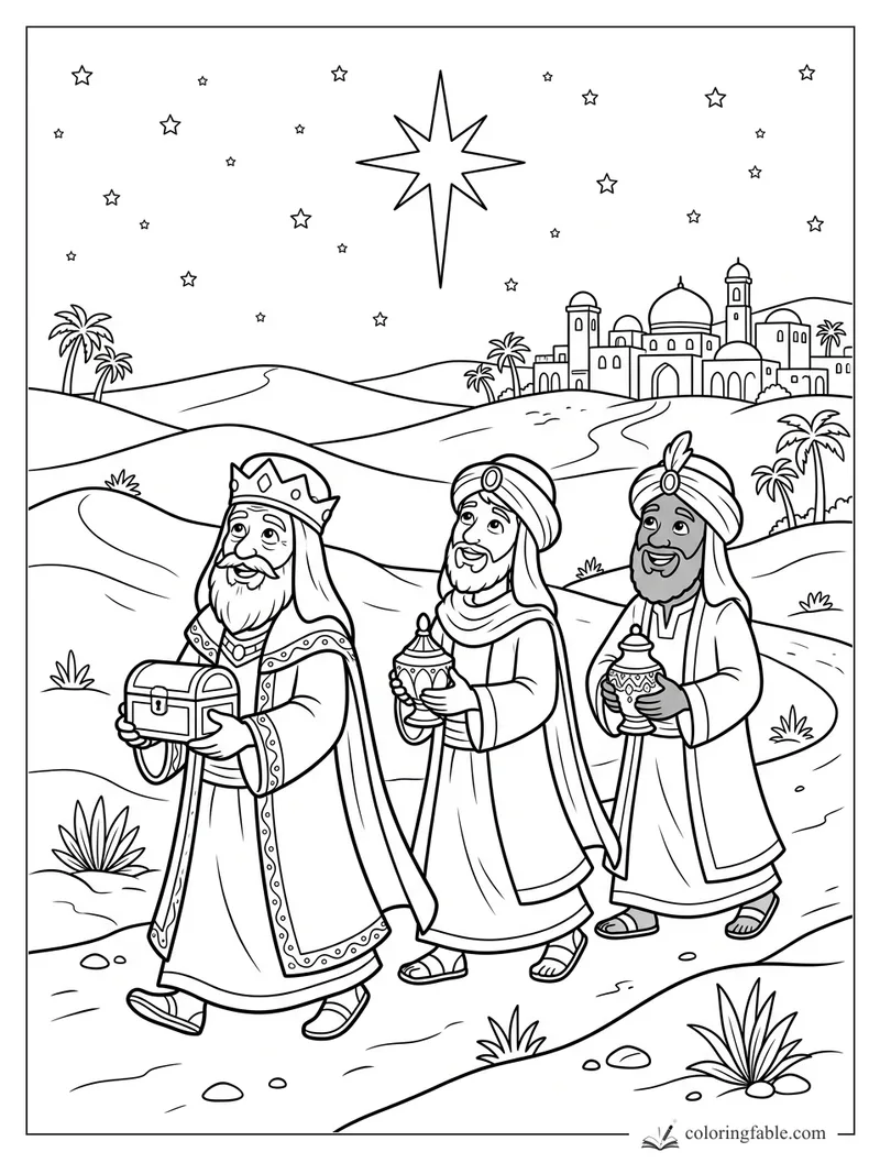 Three wise men carry gifts across desert hills toward a town under a bright star.