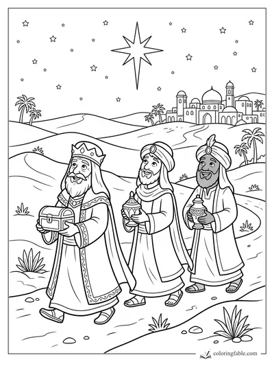 Three wise men carry gifts across desert hills toward a town under a bright star.