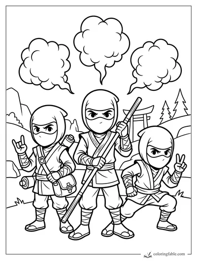 Three masked young ninjas pose with a staff, hand signs, smoke clouds, pines, mountains, and a torii gate.