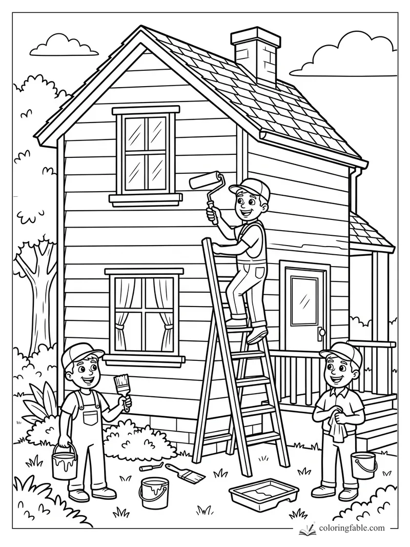 Cartoon house coloring page with three kids painting siding, ladder, paint roller, buckets, porch, and shingled roof.