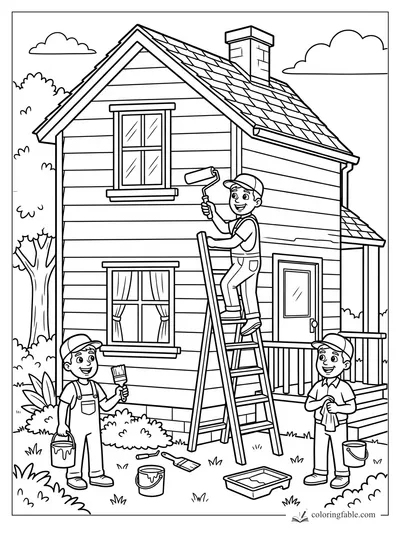 Cartoon house coloring page with three kids painting siding, ladder, paint roller, buckets, porch, and shingled roof.