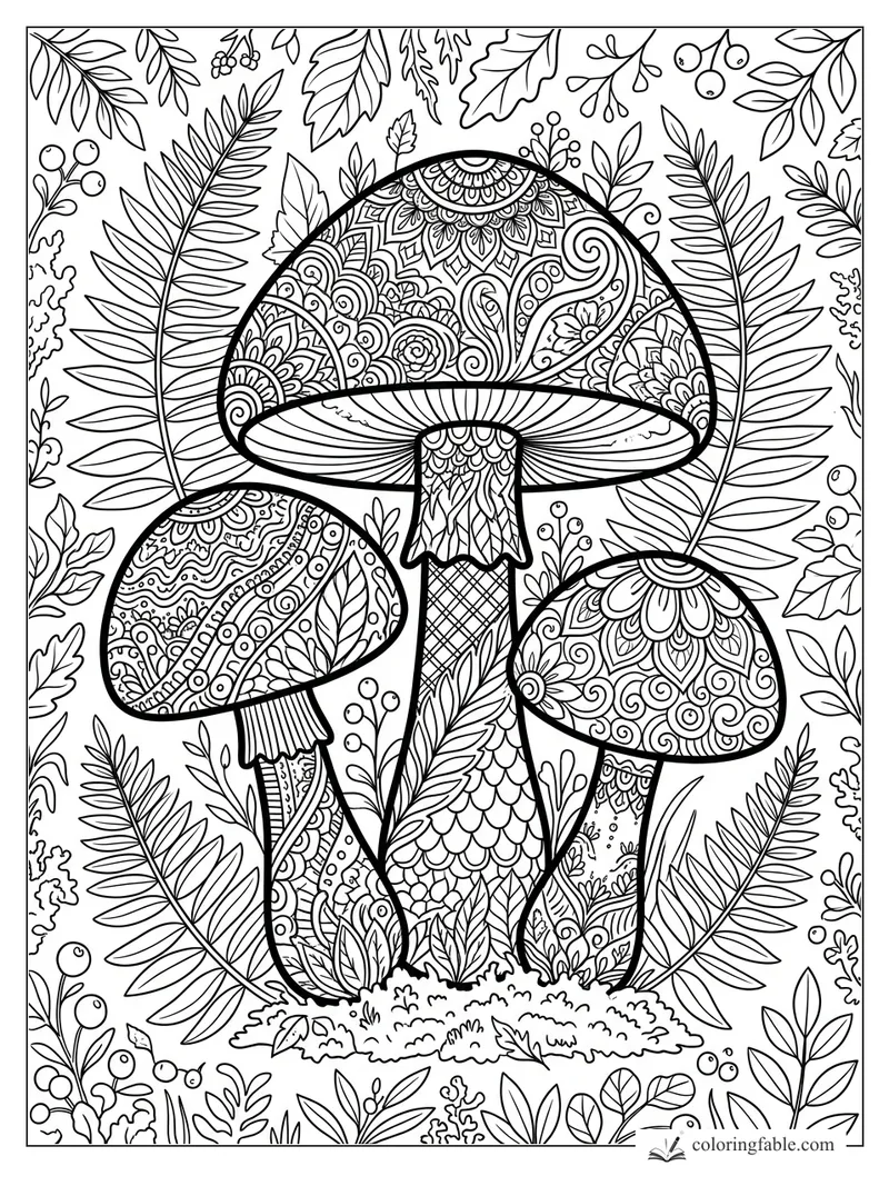 Intricate zentangle mushrooms with patterned caps, fern fronds, berries, leaves, and moss.