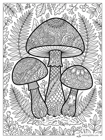 Intricate zentangle mushrooms with patterned caps, fern fronds, berries, leaves, and moss.