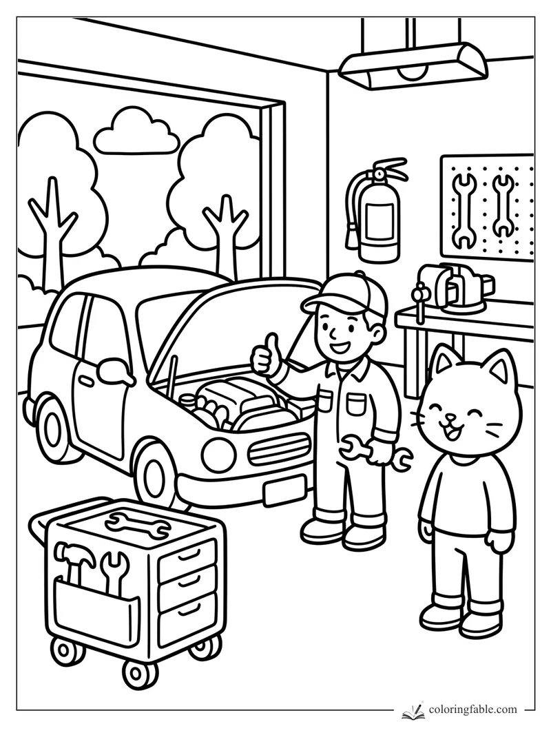 Mechanic gives a thumbs-up beside an open car hood while a smiling cat watches in a cozy garage.