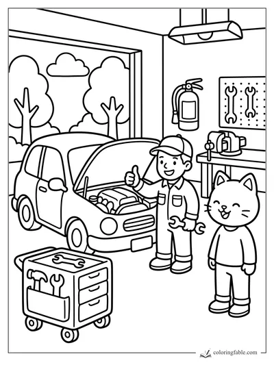 Mechanic gives a thumbs-up beside an open car hood while a smiling cat watches in a cozy garage.