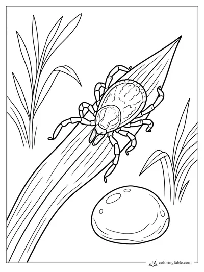 Realistic tick crawling along a curved grass blade with reeds and a smooth stone nearby
