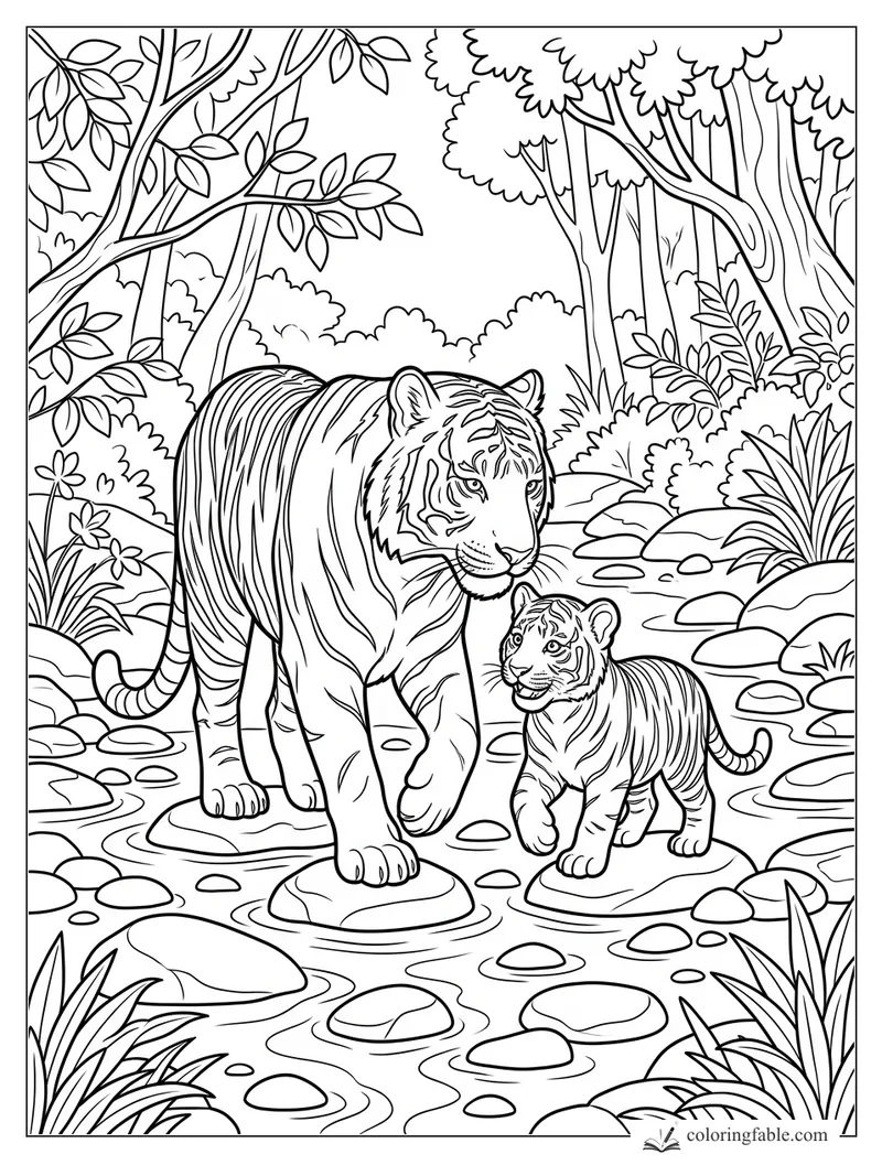 Adult tiger and cub walking across stones in a forest stream coloring page