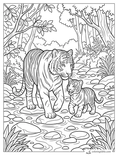 Adult tiger and cub walking across stones in a forest stream coloring page