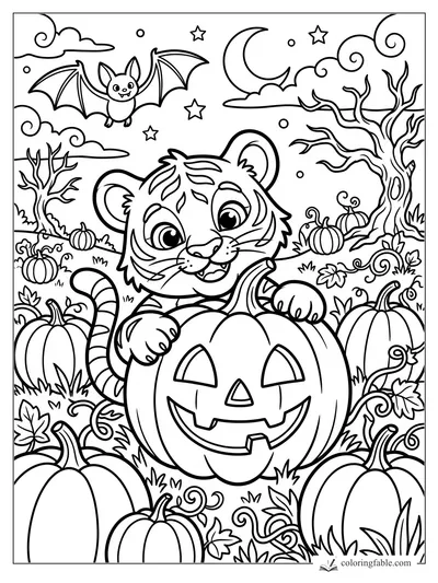 Cartoon tiger cub peeking over a jack-o’-lantern in a pumpkin patch with bat, moon, stars, and twisted trees