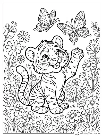 Cartoon tiger cub raising a paw to two butterflies among tall garden flowers