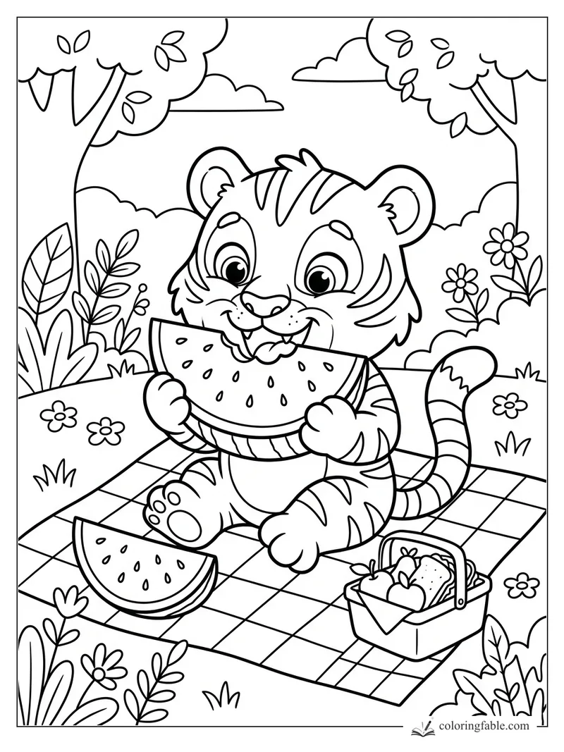 Cartoon tiger cub eating watermelon on a checkered picnic blanket in a flower garden.