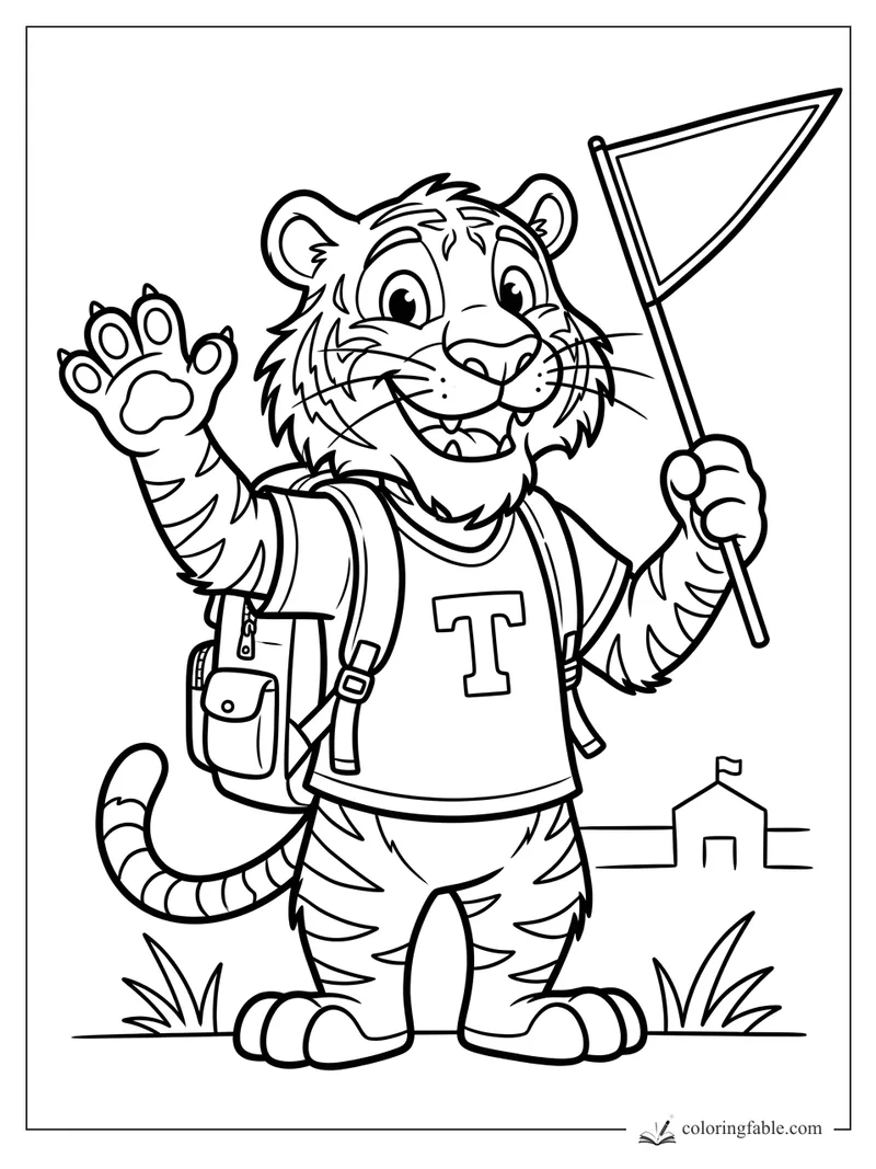 Cartoon tiger cub wearing a T-shirt and backpack, waving a paw and holding a triangular pennant.