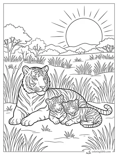 Mother tiger and two cubs lying in tall savanna grass beneath a rising sun
