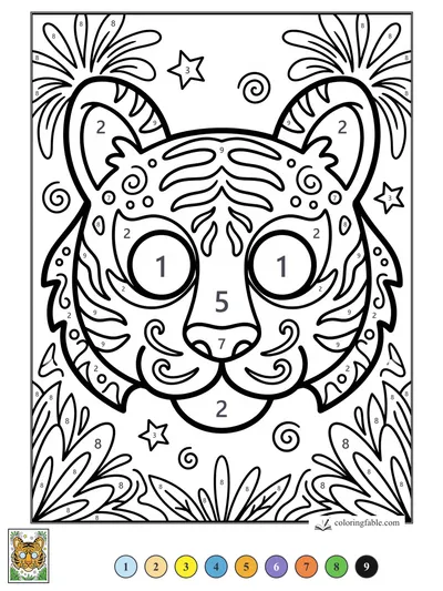 Tiger Mask with Stars and Jungle Leaves — color by number