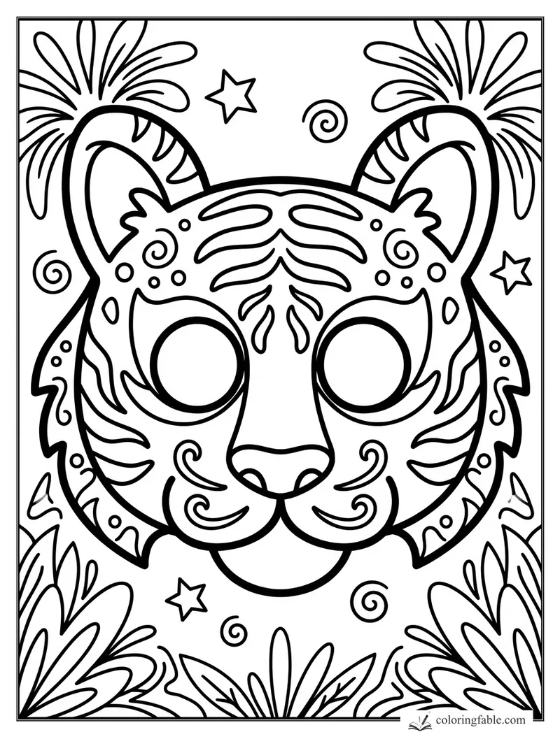Easy tiger mask coloring page with big eyes, swirls, stars, and leafy jungle corners.