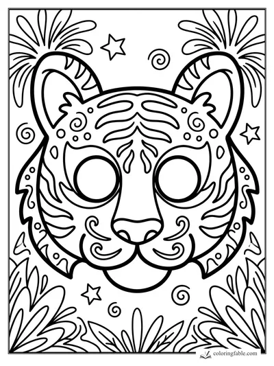 Easy tiger mask coloring page with big eyes, swirls, stars, and leafy jungle corners.