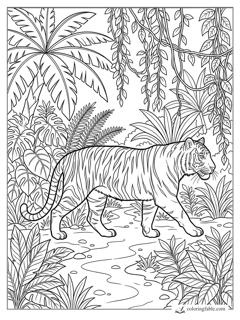 Tiger walking along a winding jungle path under hanging vines and broad tropical leaves