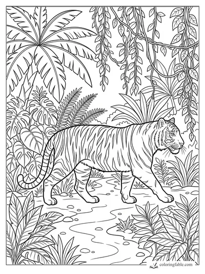 Tiger walking along a winding jungle path under hanging vines and broad tropical leaves