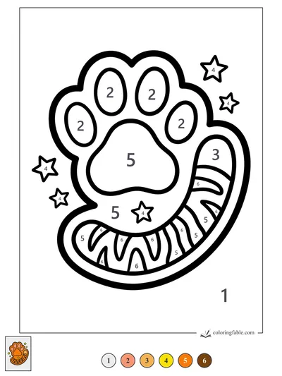 Tiger Paw Sticker with Striped Tail and Stars — color by number