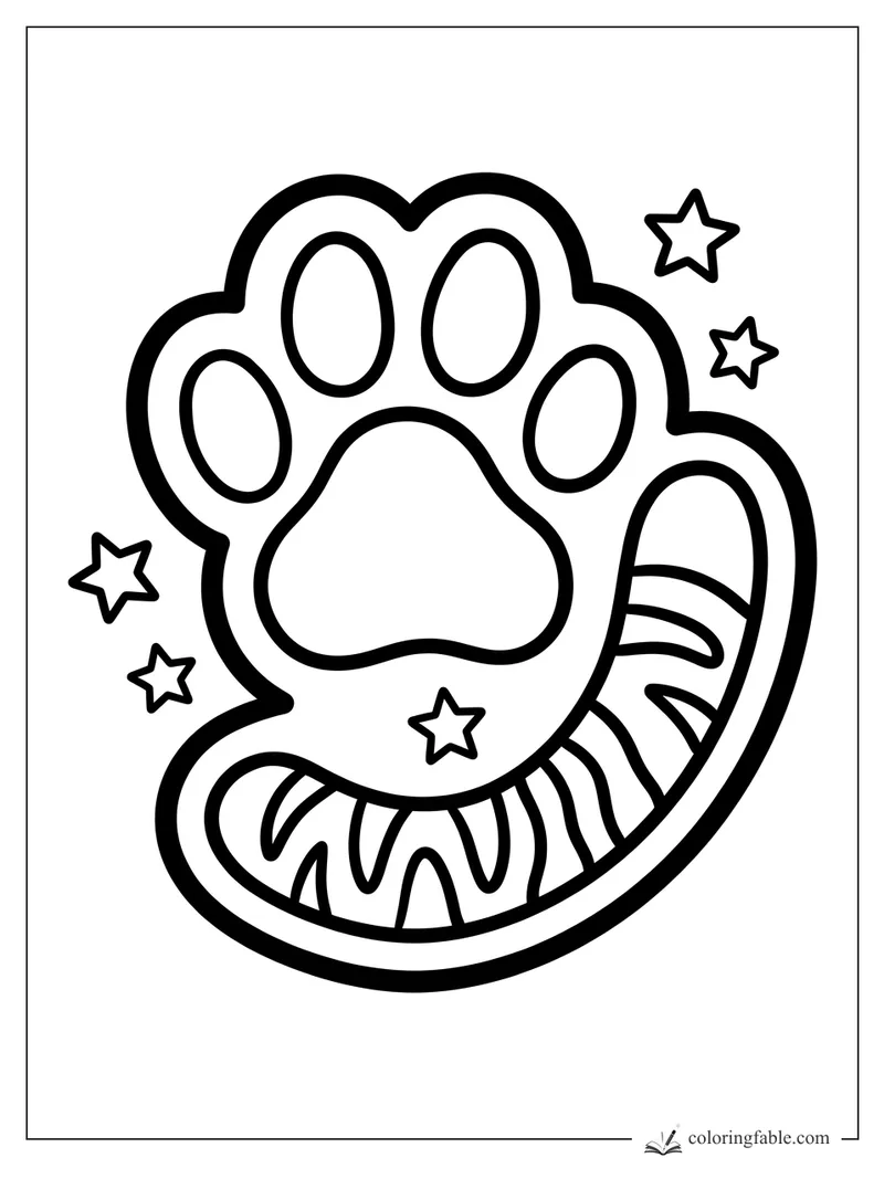 Easy tiger paw sticker coloring page with a curled striped tail and five small stars