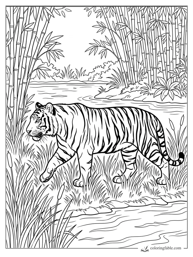 Tiger walking through tall grass beside a river, with bamboo stalks and reeds around it.
