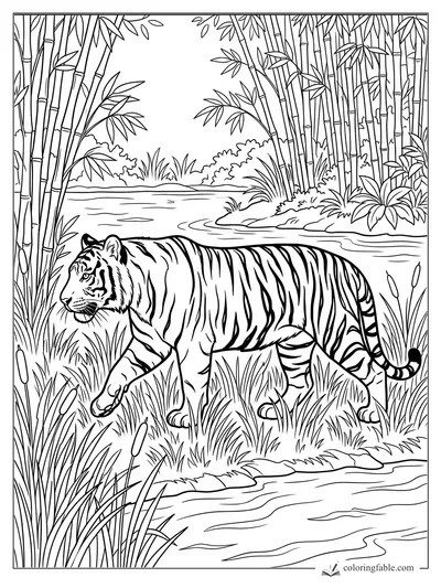 Tiger walking through tall grass beside a river, with bamboo stalks and reeds around it.