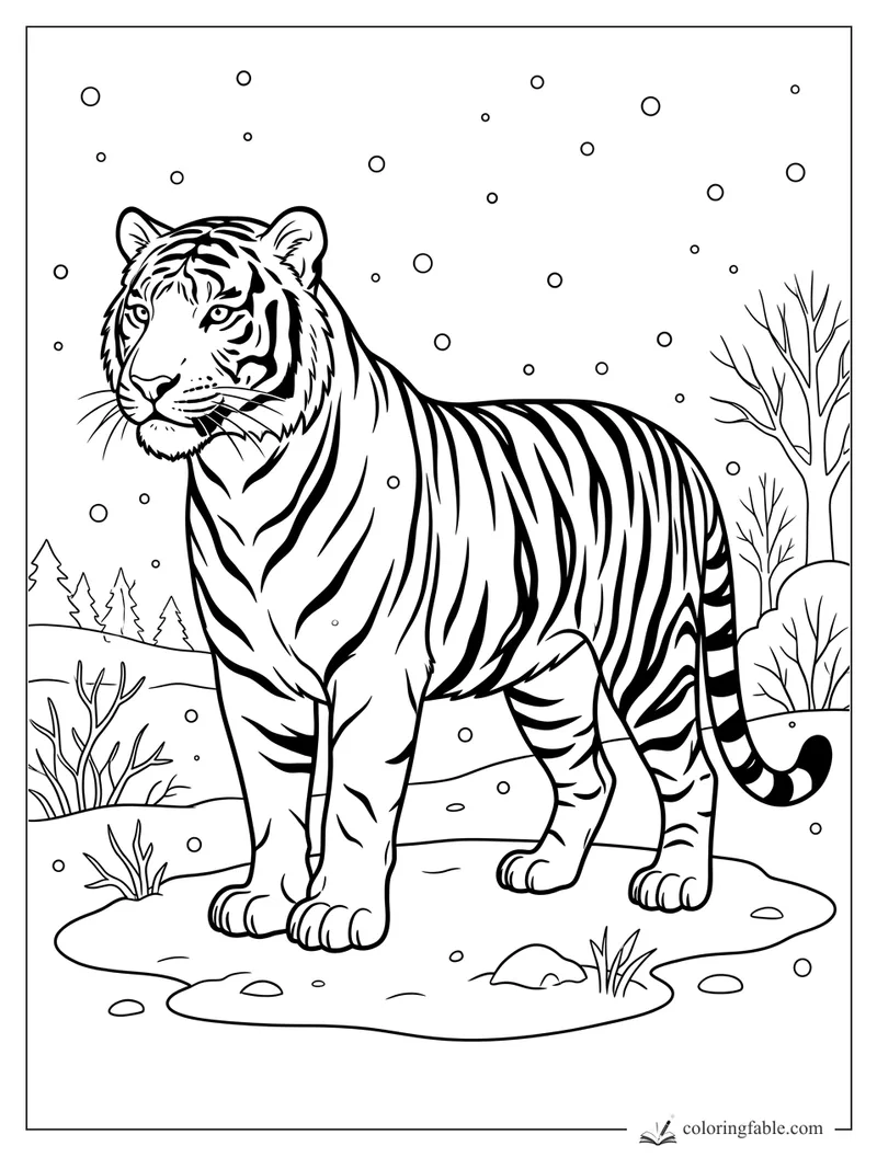 Tiger with bold stripes standing in a snowy clearing with bare trees and falling snowflakes