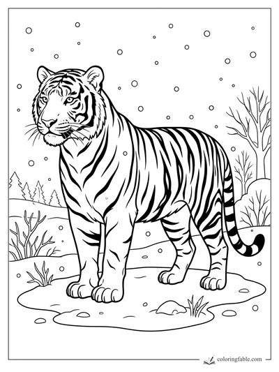 Tiger with bold stripes standing in a snowy clearing with bare trees and falling snowflakes