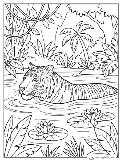 Tiger swimming in a jungle pond with lotus flowers, lily pads, vines, palms, and broad tropical leaves.