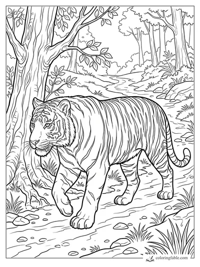 Realistic tiger walking past a twisted tree beside a winding forest stream