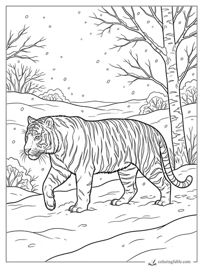 Realistic tiger walking through a snowy birch forest with bare branches and rolling hills