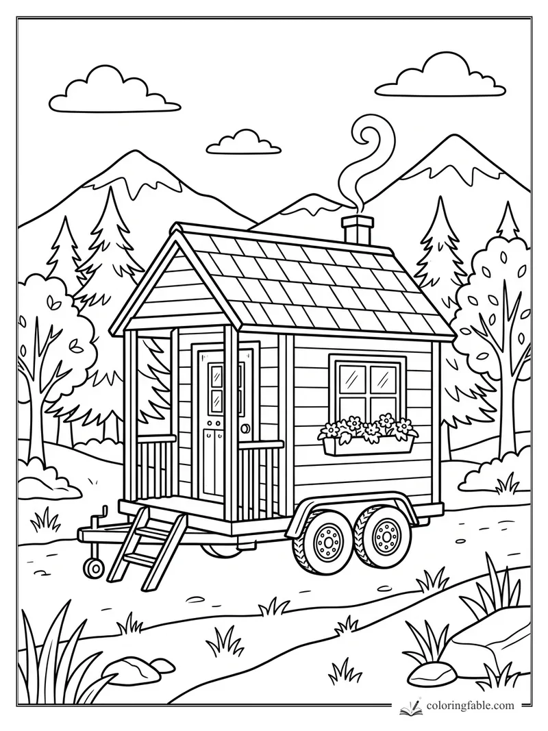Tiny house on wheels with porch, flower box, smoking chimney, pine trees, and mountains coloring page
