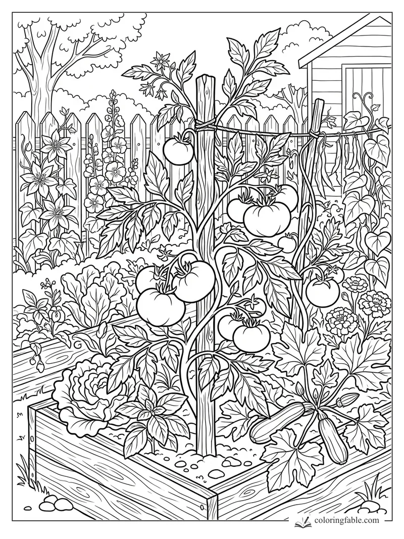 Floral summer garden coloring page with tomato vines, zucchini, beans, flowers, fence, and raised beds.