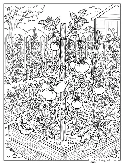 Floral summer garden coloring page with tomato vines, zucchini, beans, flowers, fence, and raised beds.