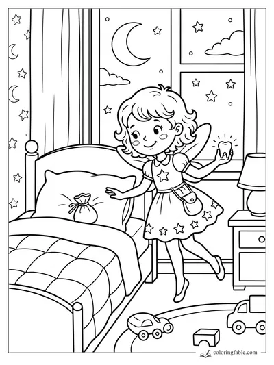 Cartoon tooth fairy holding a glowing tooth beside a child's bed, with moon, stars, toys, and nightstand.