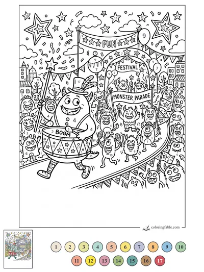 Top-Hat Monster Drumming in the Festival Parade — color by number