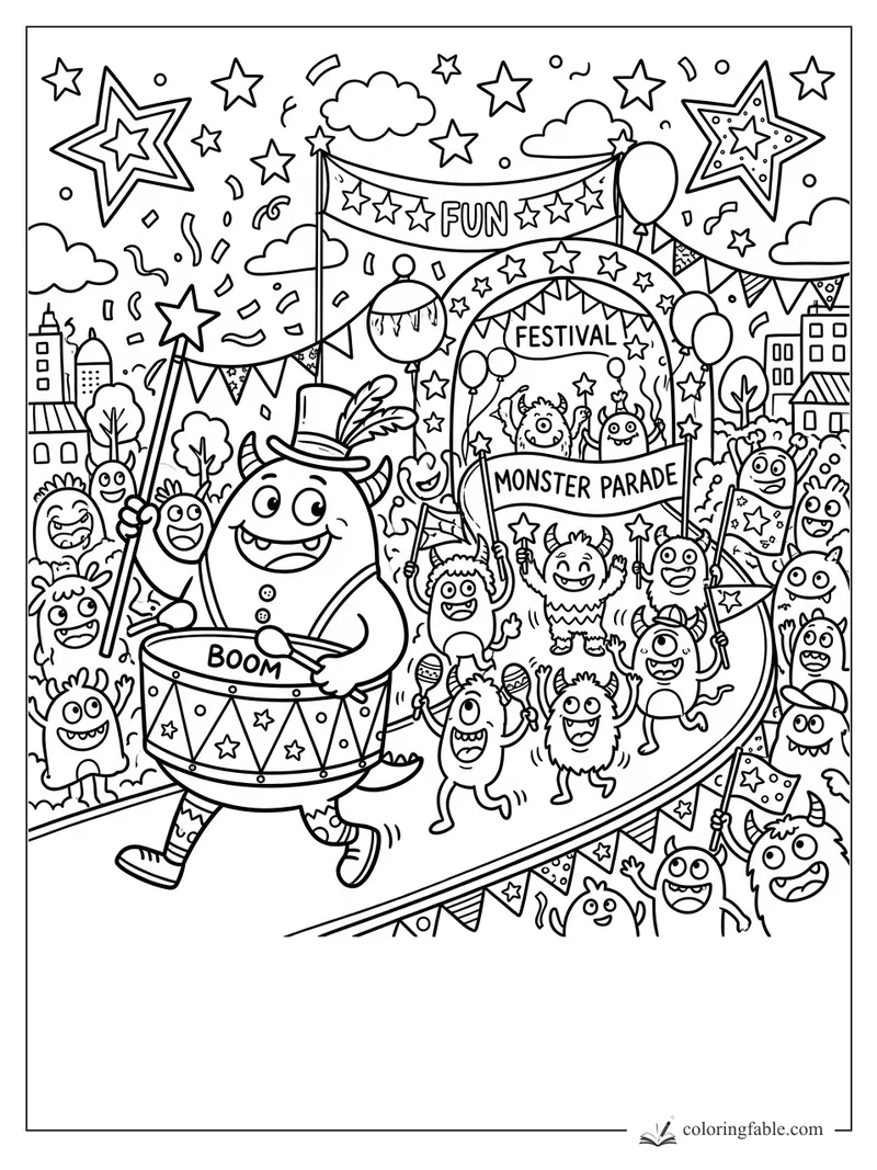 Cute monster parade with top-hat drummer, star banners, balloons, confetti, and cheering doodle monsters.