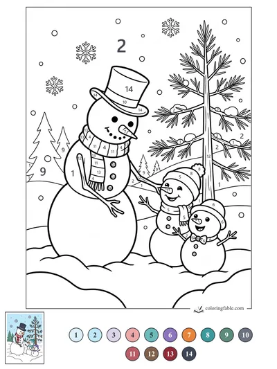 Top-Hat Snowman Greeting Two Little Snow Friends — color by number
