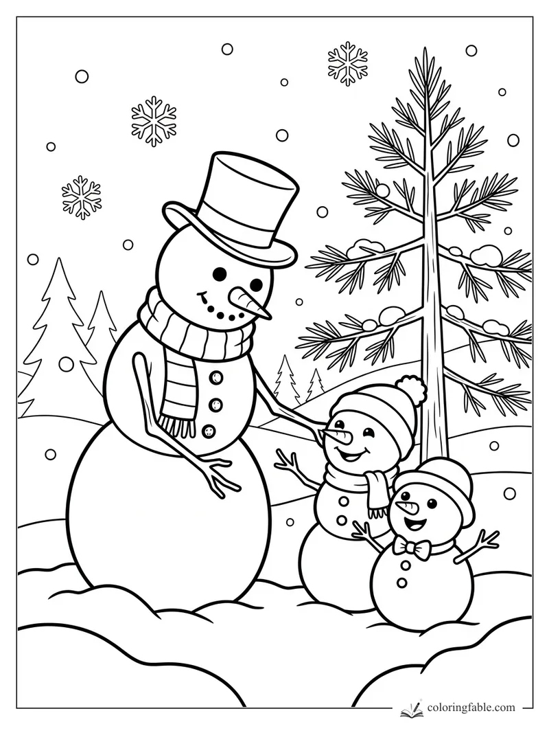 Tall top-hat snowman smiling at two small snowmen beside a snowy pine tree