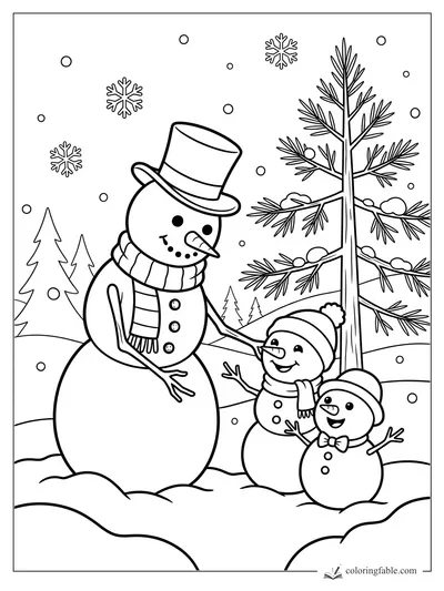 Tall top-hat snowman smiling at two small snowmen beside a snowy pine tree