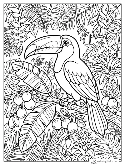Cartoon toucan perched on a branch among tropical leaves and round jungle fruit