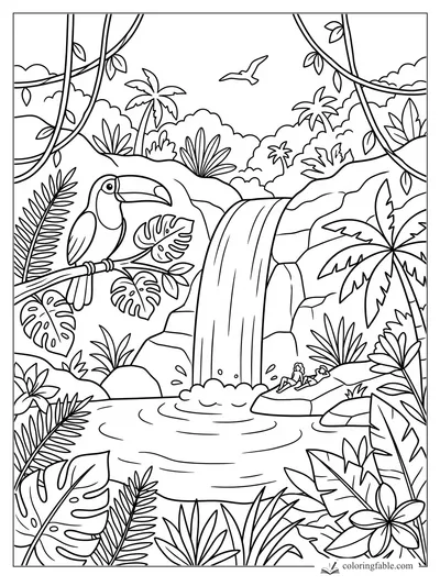 Toucan on a branch beside a jungle waterfall, with vines, palms, tropical leaves, and two swimmers on rocks.