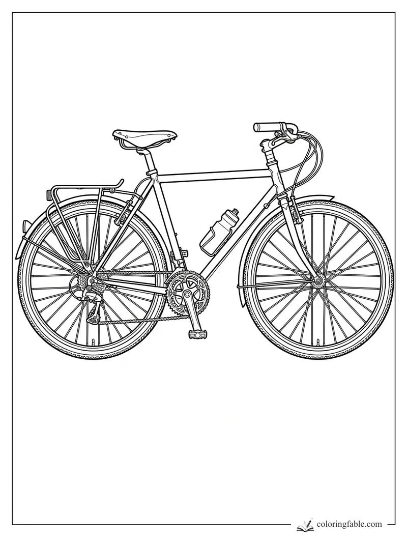 Realistic touring bicycle coloring page with rear rack, fenders, spokes, cables, and water bottle