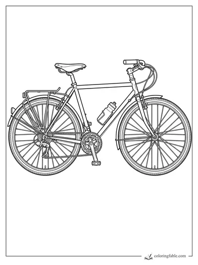Realistic touring bicycle coloring page with rear rack, fenders, spokes, cables, and water bottle